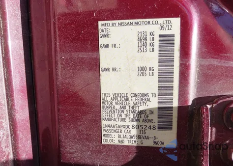 2013 Nissan Maxima 3.5 S из США, поврежденный, VIN 1N4AA5APXDC805248